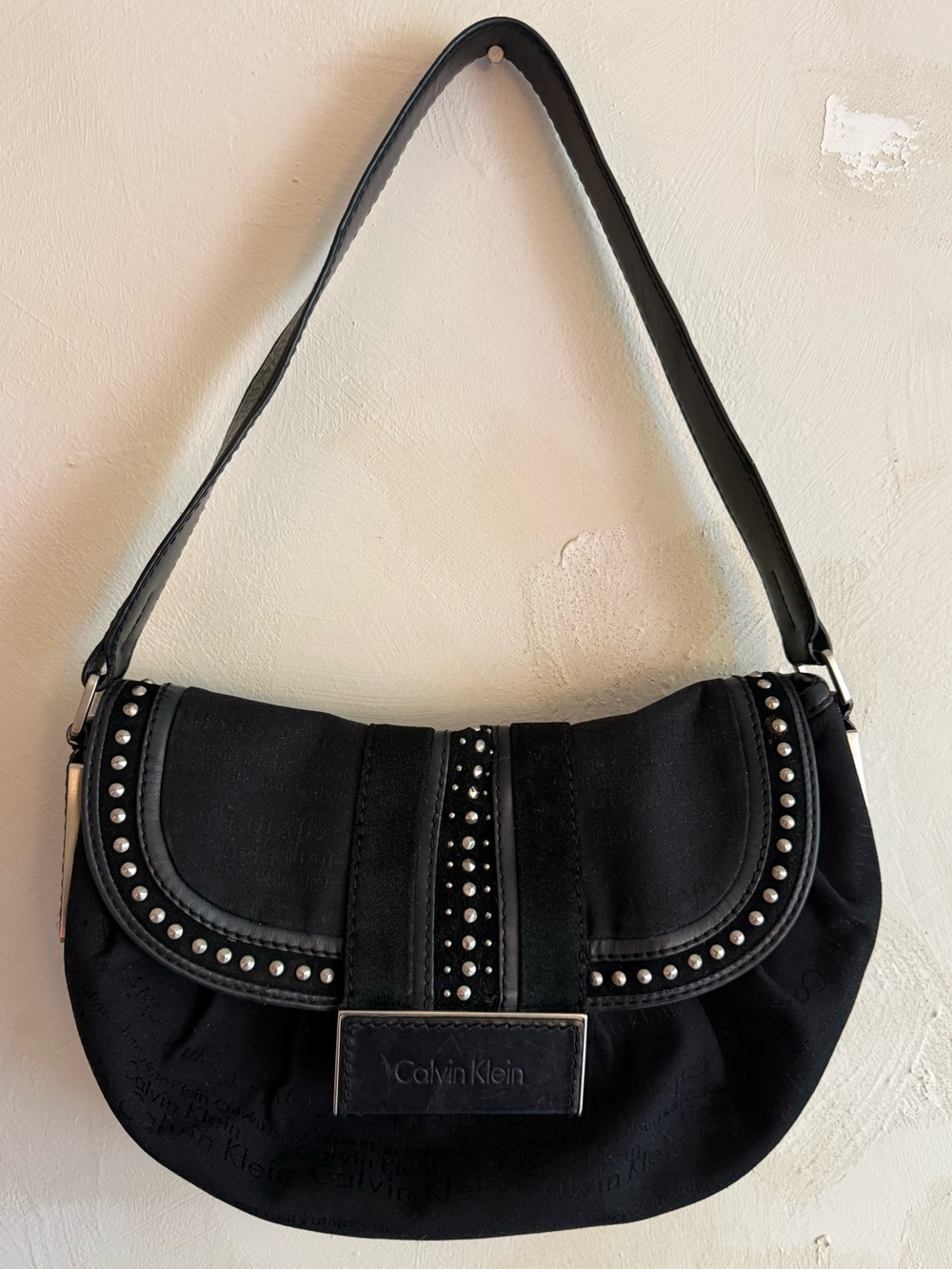 Calvin Klein | Vintage 2000s | Studded Suede Monogram | Saddle Bag